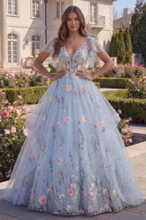 Floral Blue Appliqued Ball Gown Tulle Prom Dress