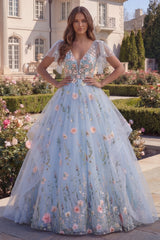 Floral Blue Appliqued Ball Gown Tulle Prom Dress