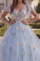 Floral Blue Appliqued Ball Gown Tulle Prom Dress
