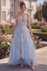 Off the Shoulder Floral Blue Corset High Low Prom Dress