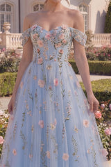 Off the Shoulder Floral Blue Corset High Low Prom Dress
