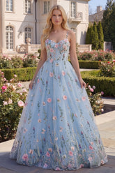 Floral Blue Corset A Line Appliqued Prom Dress