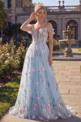 Cold Shoulder Floral Corset Blue A Line Prom Dress