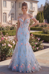 Mermaid Off the Shoulder Floral Corset Blue Prom Dress