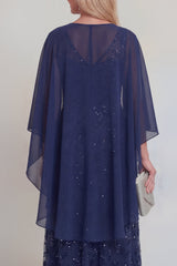 Sparkly Navy A Line V Neck Maxi Mother of the Bride Dress