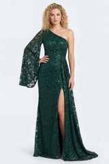 Sparkly One Shoulder Appliqued Dark Green Mother of the Bride Dress