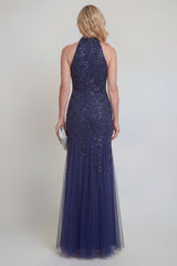 Halter Mermaid Sequin Appliqued Navy Mother of the Bride Dress