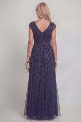Sparkly A Line Navy Appliqued V Neck Mother of the Bride Dress