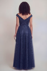 Jacquard Navy A Line Maxi Mother of the Bride Dress