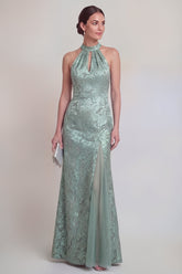 Halter Jacquard Mermaid Sage Green Cut Out Mother of the Bride Dress