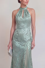 Halter Jacquard Mermaid Sage Green Cut Out Mother of the Bride Dress