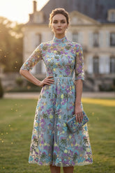 High Neck A Line Blue Floral Embroidered Mother of the Bride Dress