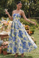 Floral Blue Strapless A Line Wedding Guest Dress
