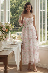 Tiered Corset White Pink Floral Wedding Guest Dress