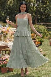 Strapless Ruffled A Line Pleated Dusty Sage Wedding Guest Dress
