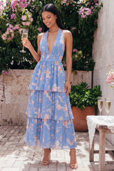 Tiered Halter Floral Blue Wedding Guest Dress with Bow