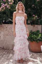 Floral Pink Strapless Wedding Guest Dress with Ruffles