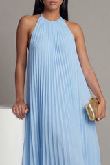 Halter Pleated Sky Blue A Line Backless Wedding Guest Dress