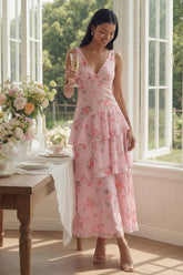 Tiered A Line Floral Pink V Neck Wedding Guest Dress