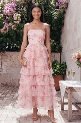 Tiered Strapless Floral Pink Wedding Guest Dress