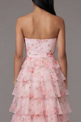 Tiered Strapless Floral Pink Wedding Guest Dress