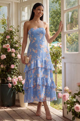 Strapless Floral Blue A Line Ruffled Wedding Guest Dress