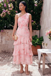 One Shoulder Floral Pink Ruched A Line Wedding Guest Dress
