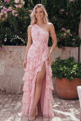 Floral Pink One Shoulder Tiered Wedding Guest Dress with Slit