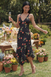 Black Printed A Line V Neck Midi Wedding Guest Dress