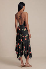 Black Printed A Line V Neck Midi Wedding Guest Dress