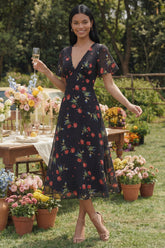 Black Printed A Line Short Sleeve Midi Wedding Guest Dress
