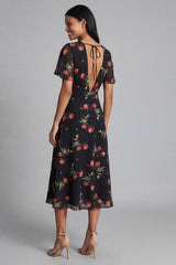 Black Printed A Line Short Sleeve Midi Wedding Guest Dress