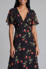 Black Printed A Line Short Sleeve Midi Wedding Guest Dress