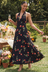 Halter Black Printed A Line Backless Wedding Guest Dress