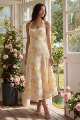 Halter Yellow Floral A Line Bowed Wedding Guest Dress