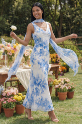 Floral Blue Cowl Neck Maxi Wedding Guest Dress