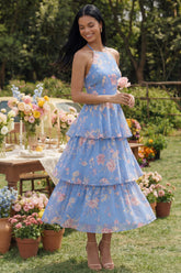 Halter Tiered Floral Blue Midi Wedding Guest Dress
