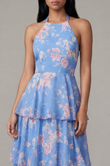 Halter Tiered Floral Blue Midi Wedding Guest Dress