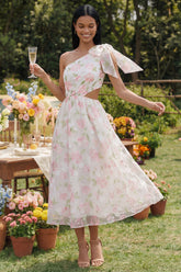 One Shoulder Bowed Floral Pink Cut Out Wedding Guest Dress