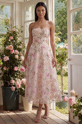 Strapless Sequin Pink Floral Wedding Guest Dress