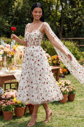 Ivory Floral Corset A Line Wedding Guest Dress with Streamer