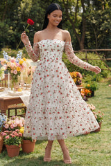 Off the Shoulder Ivory Floral Ruffled A Line Wedding Guest Dress