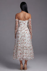 Off the Shoulder Ivory Floral Ruffled A Line Wedding Guest Dress