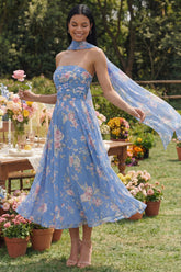 Strapless Blue Floral Ruched A Line Wedding Guest Dress