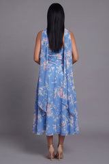 Strapless Blue Floral Ruched A Line Wedding Guest Dress