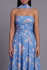 Strapless Blue Floral Ruched A Line Wedding Guest Dress