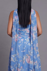Strapless Blue Floral Ruched A Line Wedding Guest Dress