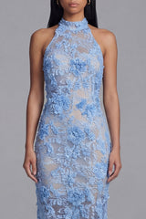 Halter Blue Appliqued Bodycon Wedding Guest Dress