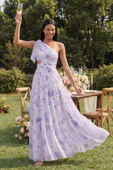 One Shoulder Bowed Cut Out Floral A Line Lilac Wedding Guest Dress