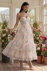 Strapless A Line Floral Champagne Ruffled Wedding Guest Dress